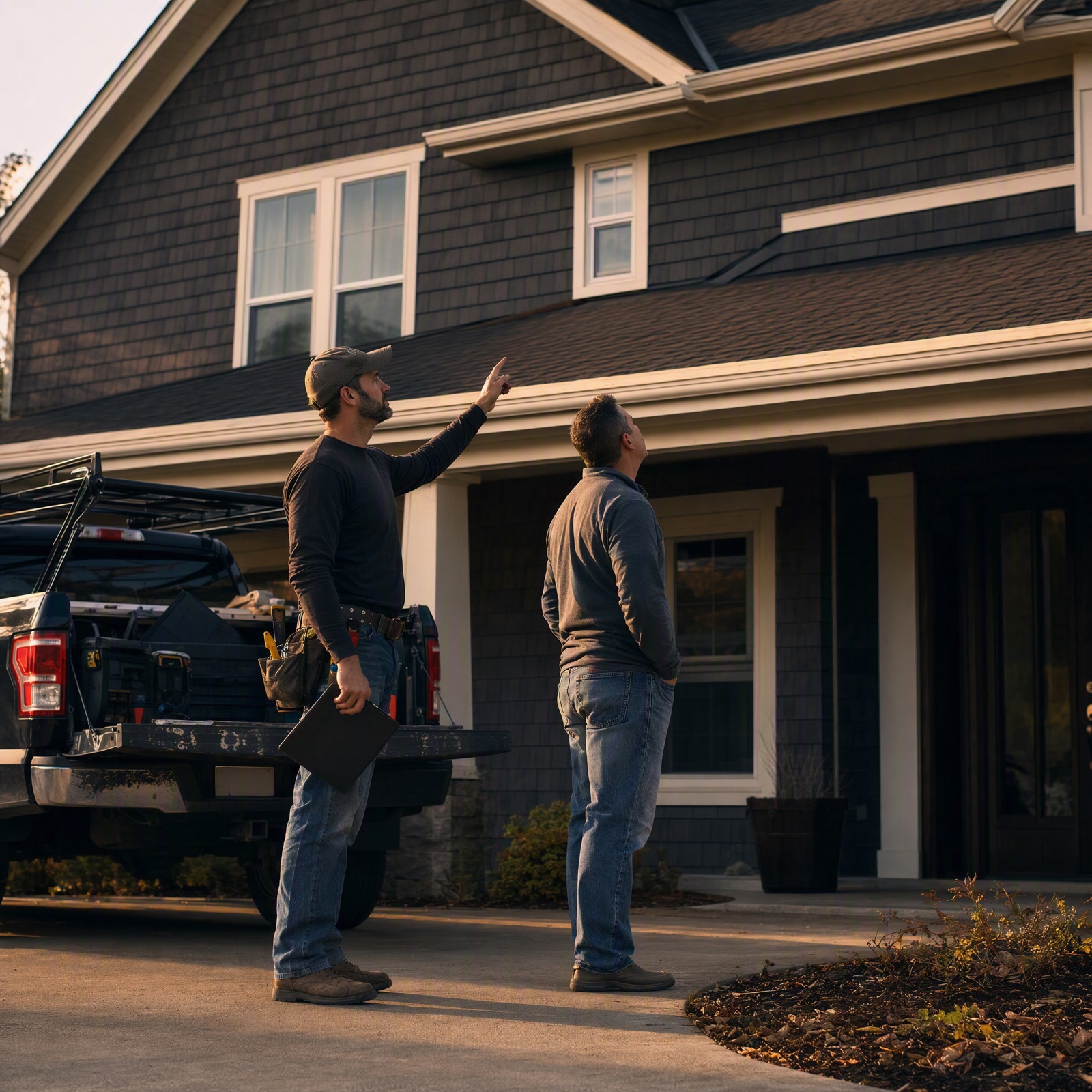 A roofer in work clothes and a tool belt stands with a homeowner on a driveway, gesturing up toward the eave, a work truck behind them in low evening light.