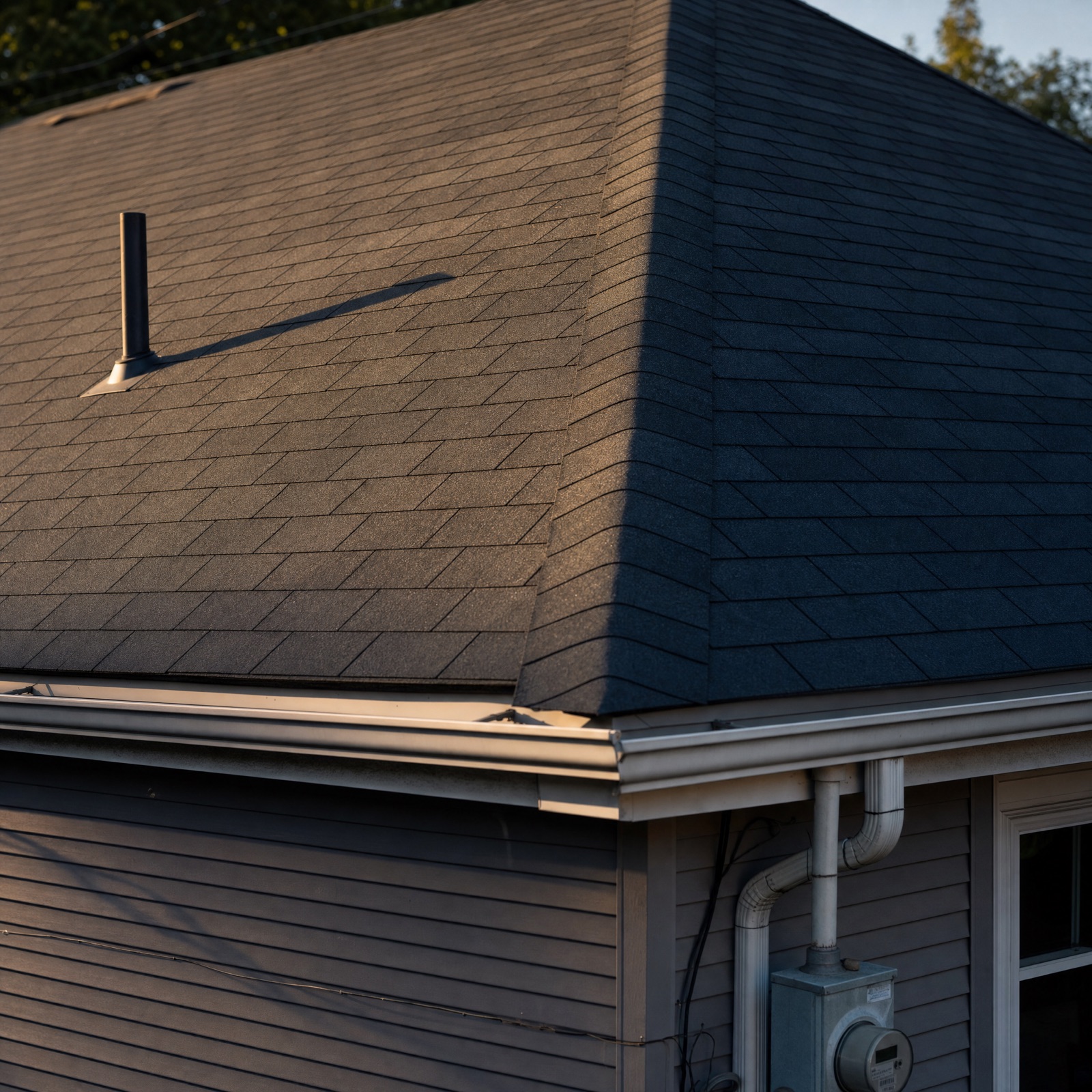 New shingle courses running true along a hip, meeting fascia, gutter and downspout at a clean corner in low afternoon light.
