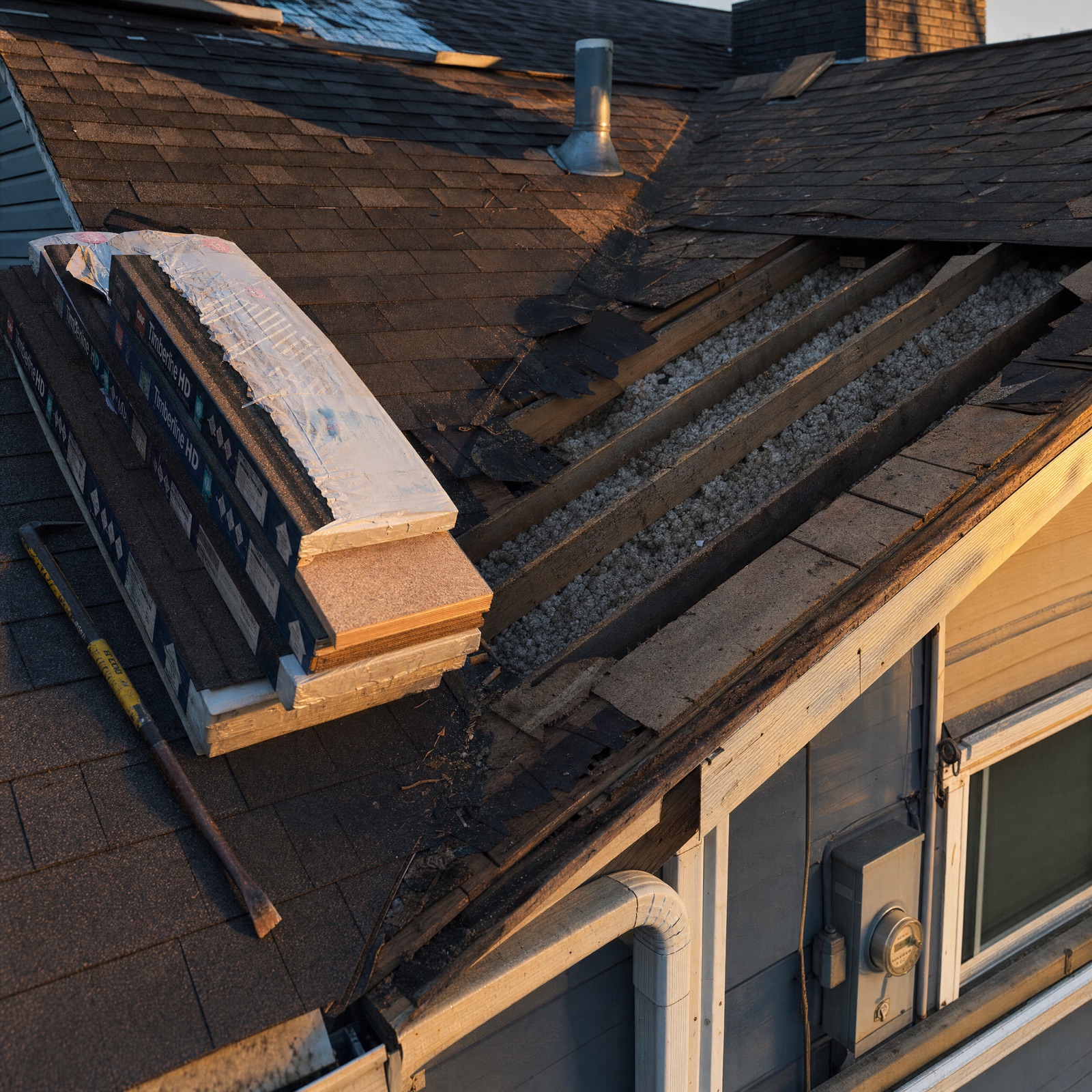 A roof opened to the rafters, old sheathing lifted away and blown-in insulation exposed in the cavity, new decking stacked on the sound section alongside.