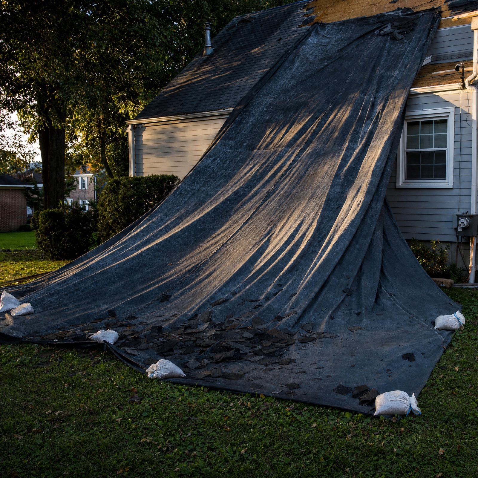A heavy tarp draped down the full roof slope and out across the lawn, weighted at its edges, shielding the siding and planting beds through a tear-off.