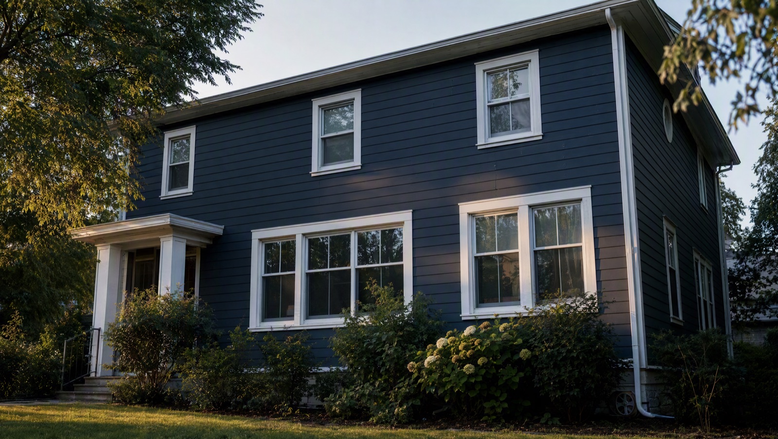 A two-storey home clad in deep navy lap siding with crisp white corner boards and window casings, photographed from the front lawn at golden hour.