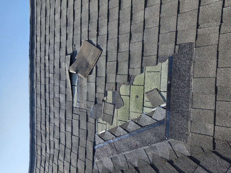 A section of asphalt shingles torn loose and missing from a roof slope, exposing the underlying fiberglass mat, blue sky above.